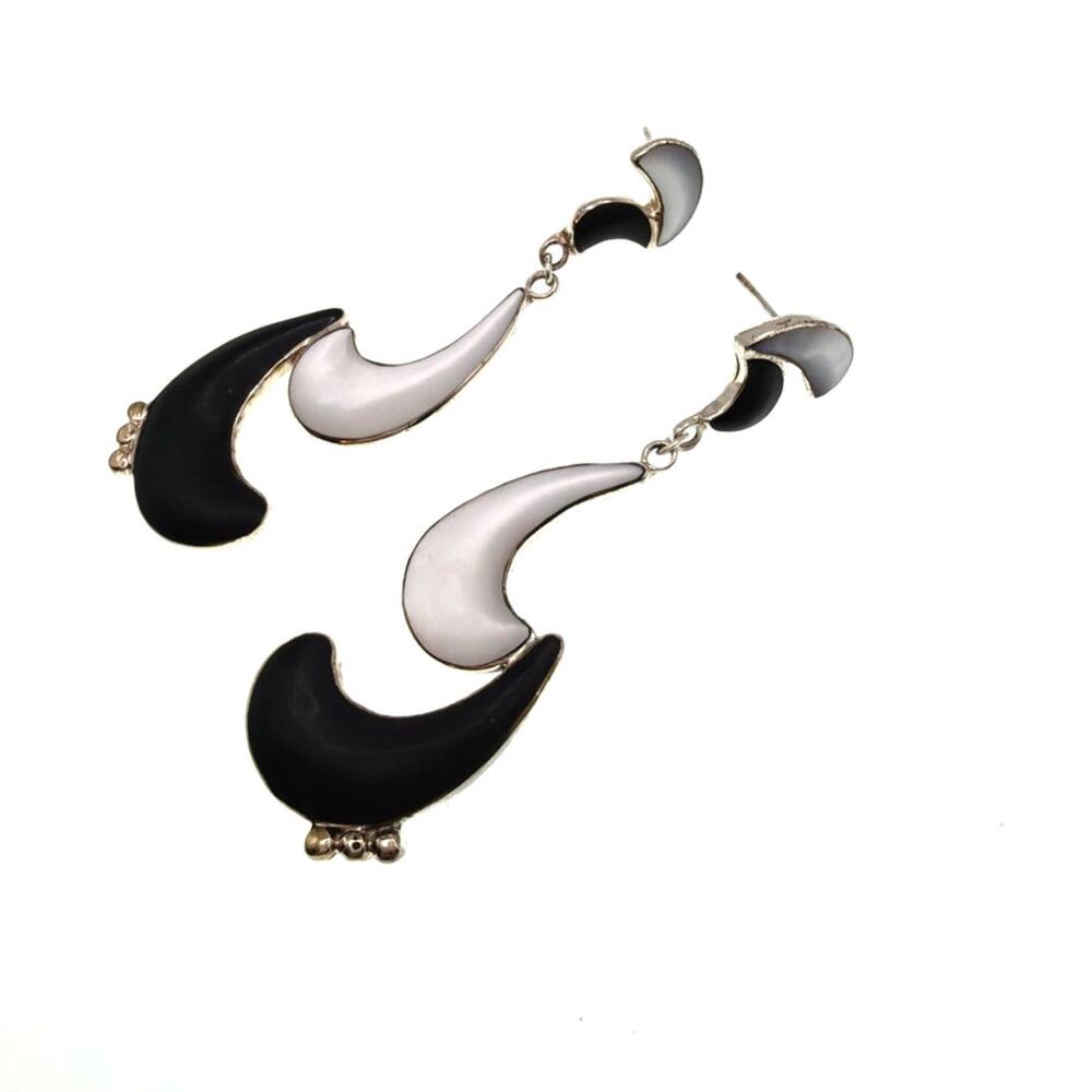 Silver Plated Black and White Enamel Dangle Earrings 2.5”